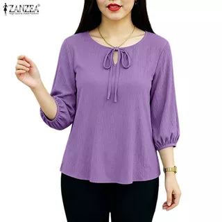 ZANZEA ผู้หญิงเกาหลีอ่อนโยนหวานรอบคอ 3/4 แขนโคมไฟ Tie-Up Bowknot สีทึบเสื้อ