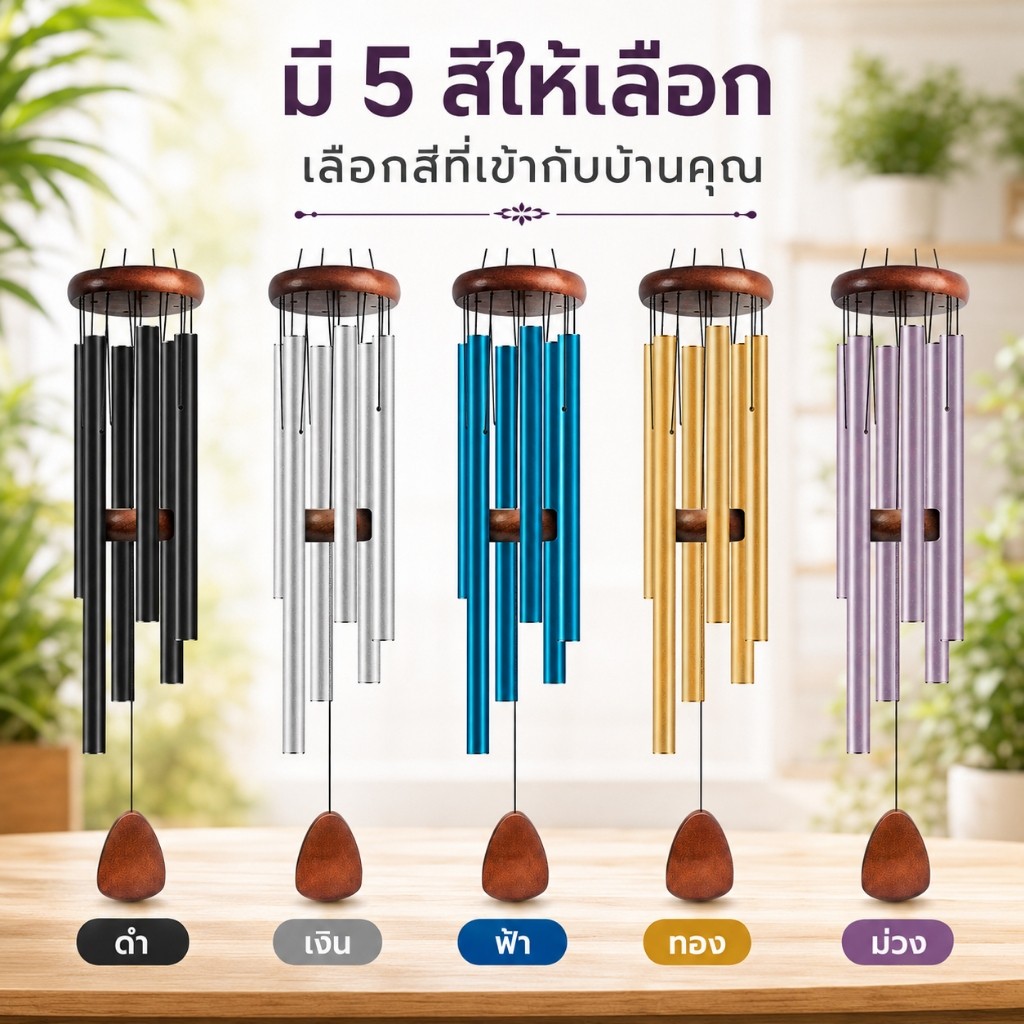 กระดิ่งลมโลหะ 37 นิ้ว 6 หลอด Wind Chimes อลูมิเนียม+ไม้ เสียงใสกังวาน โมบายลมแขวนระเบียง แต่งบ้าน แต่งสวน 5 สี
