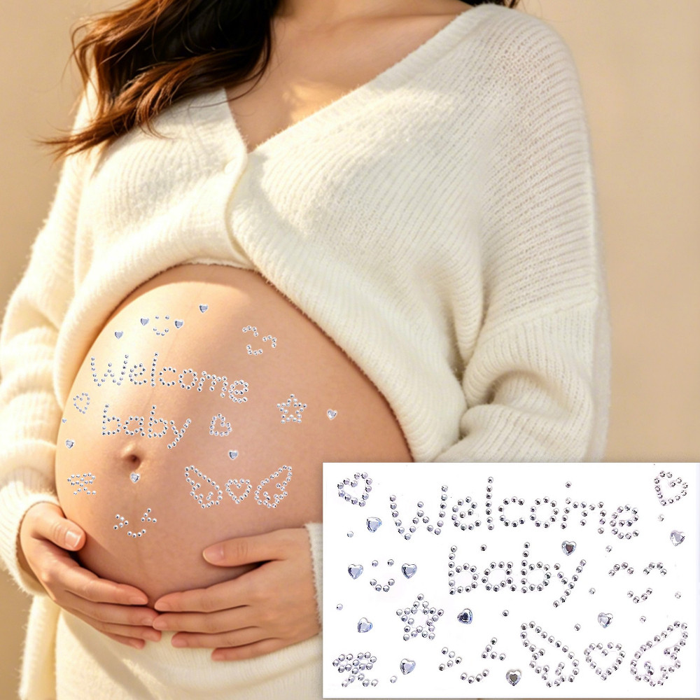 "ยินดีต้อนรับเด็ก" Sparkly Rhinestone สติกเกอร์สําหรับตั้งครรภ์ถ่ายภาพปลายการตั้งครรภ์ Belly Love Lace Bow สติกเกอร์คริสตัล
