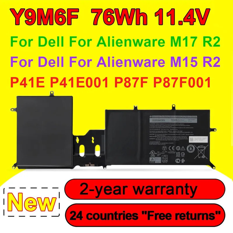 สําหรับ Dell สําหรับ Alienware M15 M17 R2 P41E P87F Series แบตเตอรี่แล็ปท็อป Y9M6F 08K84Y YM9KC 11.4