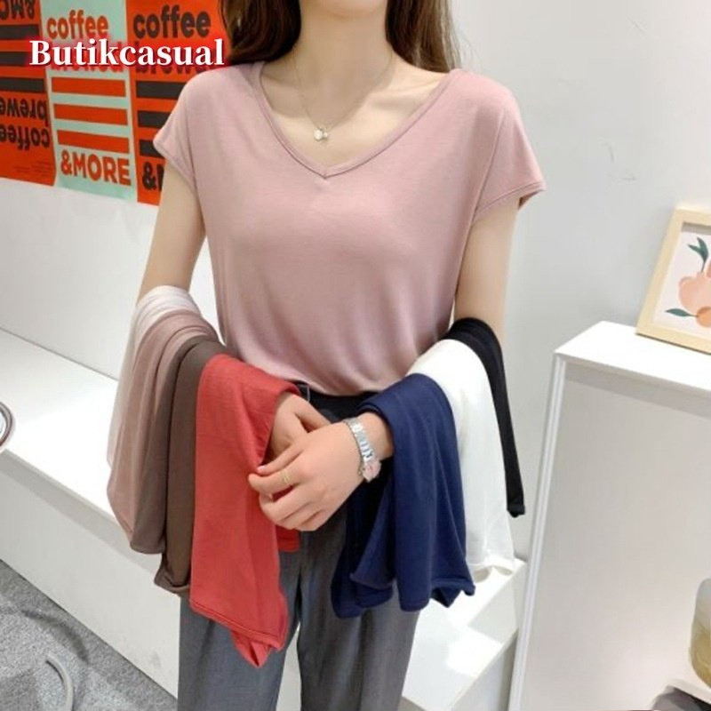 เสื้อยืดแขนสั้นลําลอง คอวี ผ้าฝ้าย ทรงหลวม สําหรับผู้หญิง 40-78 กก. 2024