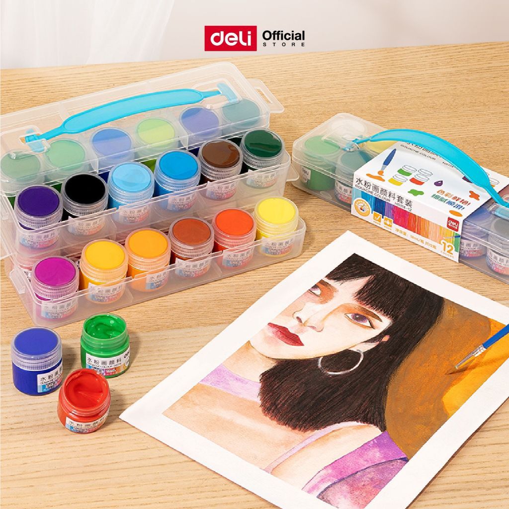 ชุดสีกวอช 12/24สี Deli รุ่น HS114 ขนาด18ml พร้อมกล่องหิ้วและพู่กัน เนื้อสีแน่น (จำหน่าย 1 ชุด)