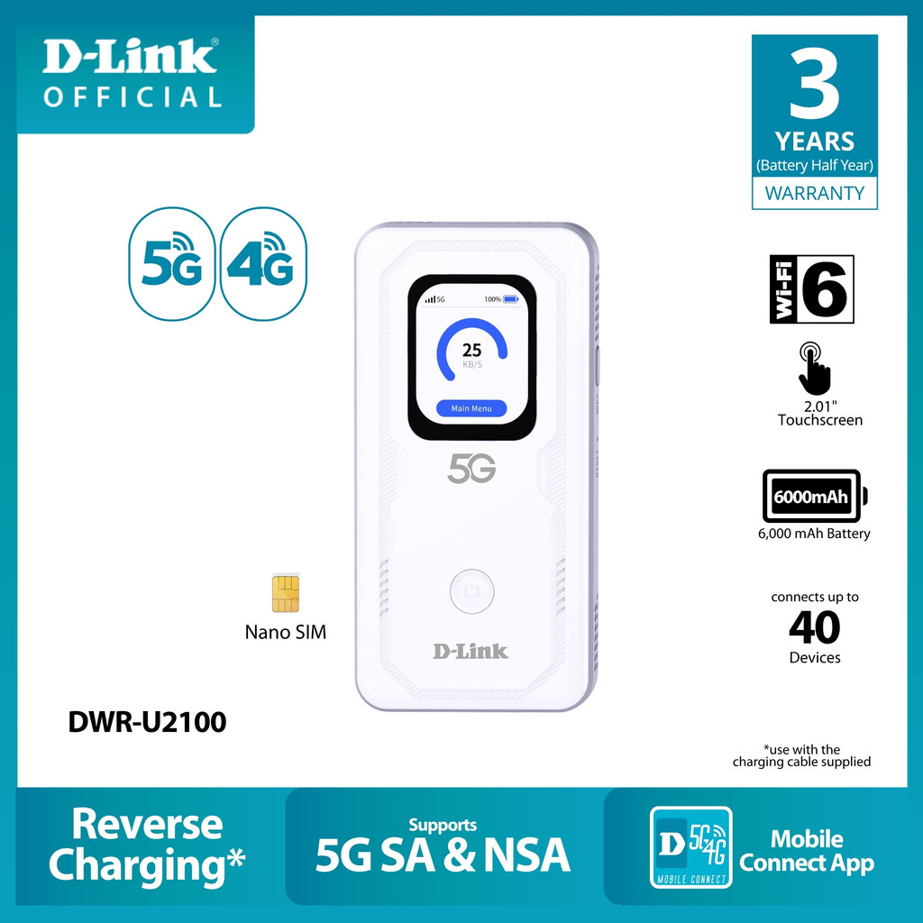 D-Link DWR-U2100 Mobile Router(ไวไฟพกพา) 5G AX900 Reverse Charging แบตเตอรี่ 6000mAh
