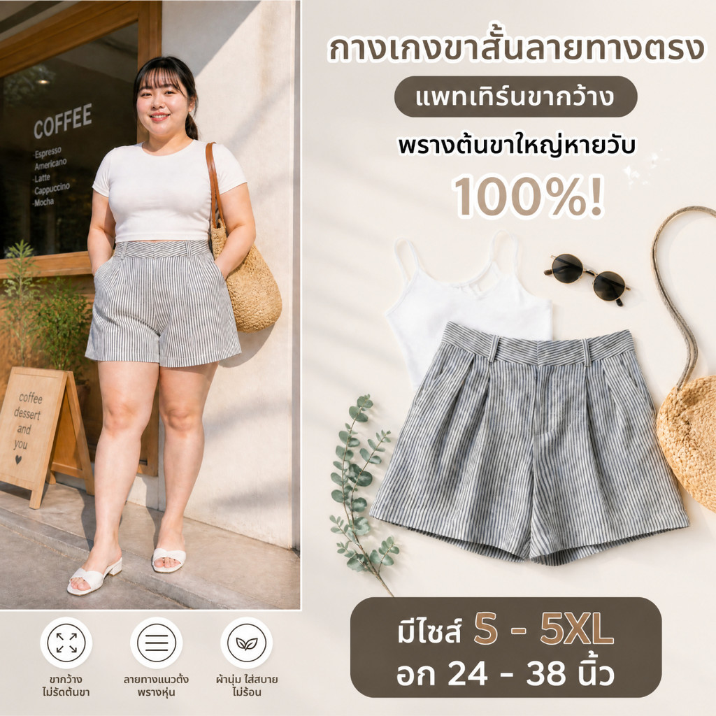 กางเกงขาสั้นสาวอวบลายริ้ว มีไซส์ S-5XL ทรงเอขากว้างมีกระเป๋าข้าง ผ้าใส่สบายไม่ร้อน ลุคมินิมอลแมทช์ง่าย สะโพกใหญ่ใส่ได้