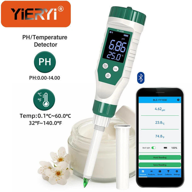 Yieryi Digital pH Meter สําหรับเครื่องสําอาง LED สมาร์ทบลูทูธ pH Pocket Tester แบบพกพา PH/อุณหภูมิเค