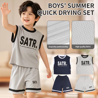 【สินค้าพร้อมส่ง】 ชุดเสื้อผ้าเด็กผู้ชายฤดูร้อน แห้งเร็ว ชุดเสื้อกั๊กแขนกุดพิมพ์ลายตัวอักษร + กางเกงขาสั้น 2 ชิ้น 【GoodRich】
