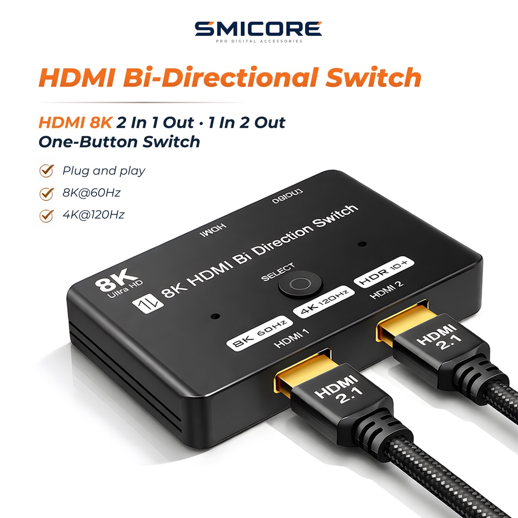 สวิตช์ HDMI 2.1 8K60Hz 4K120Hz Bi-Directional Switch 2 In 1 Out / 1 In 2 Out สำหรับ PS5 Xbox