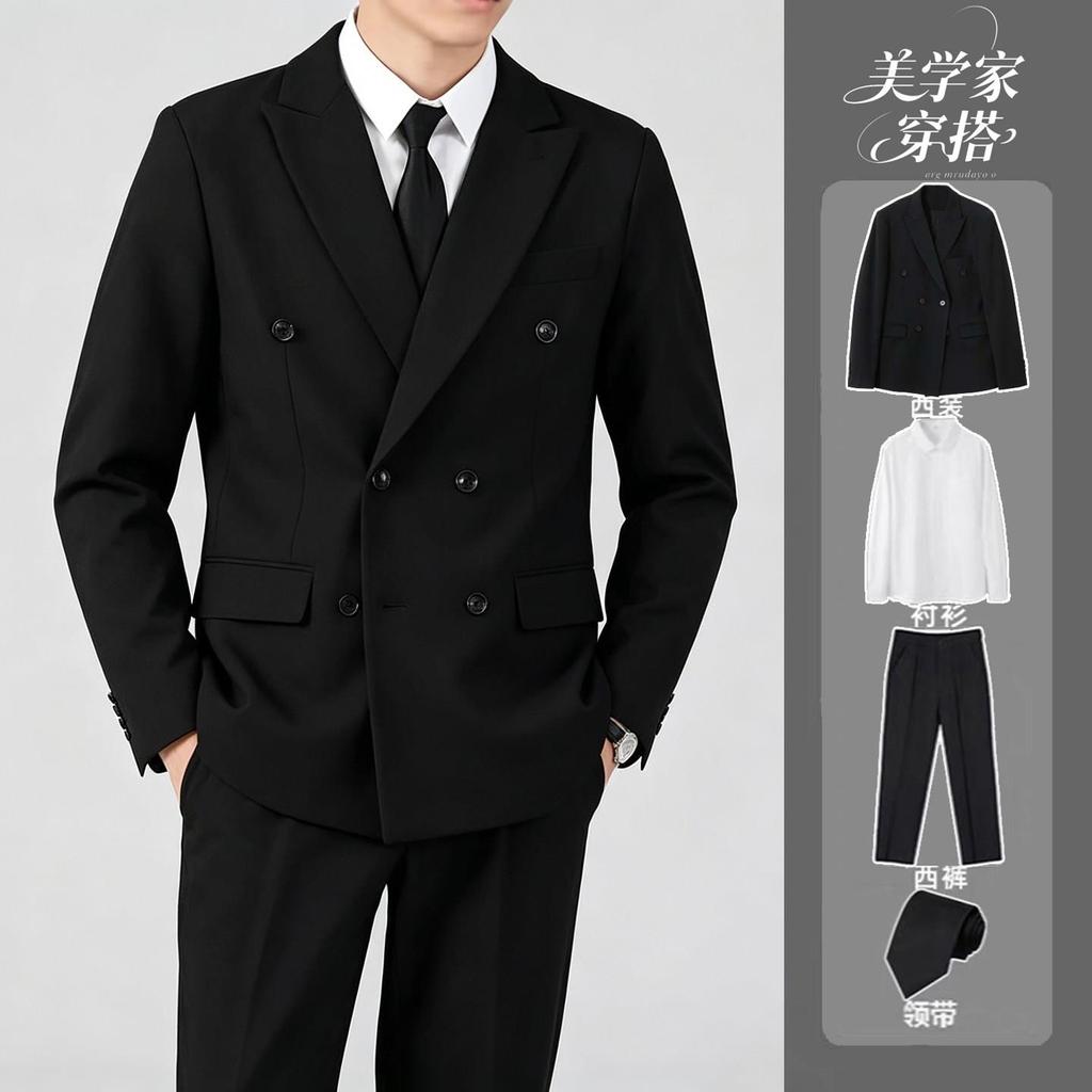 High-End Feeling Double-Breasted Blazer ผู้ชายเกาหลีรุ่นอินเทรนด์แคบเอว Slim-Fit ธุรกิจ