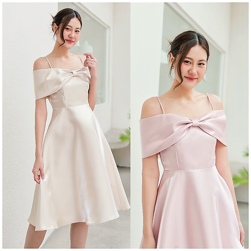 LX6121  Dressเปิดบ่า อกโบว์ กระโปรงบาน  ชุดไปงานแต่ง ชุดออกงาน เดรสเพื่อนเจ้าสาว สีพาสเทล [LUXURY707]