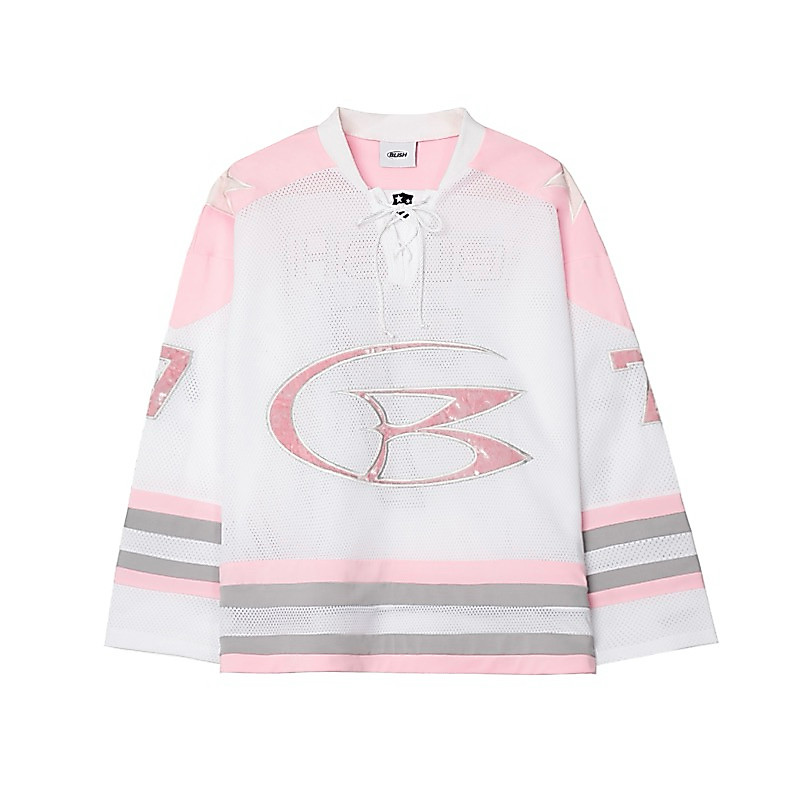 Blish B logo Hockey Jersey สีขาวผสมสีชมพูและสีเทา