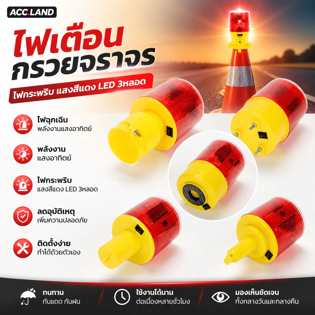 [พร้อมส่ง] ใหม่!! ไฟเตือน ไฟเตือนกรวยจราจร ไฟฉุกเฉิน พลังงานเเสงอาทิตย์ ไฟกระพริบ แสงสีแดง LED 3หลอด ลดอุบัติเหตุ
