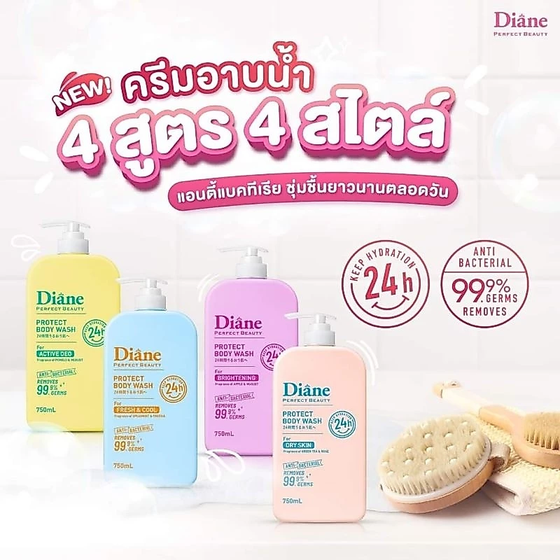 Diane Protect Body Wash 750mlครีมอาบน้ำ ช่วยเก็บกักความชุ่มชื้น 24 ชั่วโมง และลดการสะสมเชื้อแบคทีเรีย 99.9%