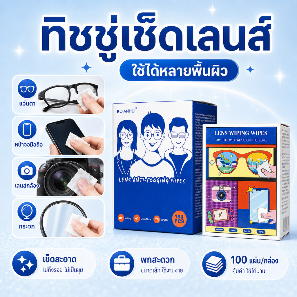 แผ่นเช็ดทำความสะอาดเลนส์ กันฝ้า เช็ดแว่นตา เลนส์กล้อง หน้าจอมือถือ แห้งไว พกสะดวก