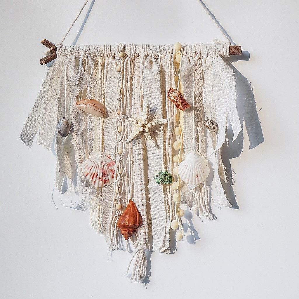 โมบายเปลือกหอย มาคราเม่แขวนผนัง โมบาย เปลือกหอย ตาข่าย แขวนผนัง ตกแต่งห้อง Macrame DIY Handmade