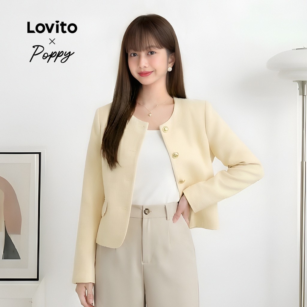 Lovito x Poppy สง่างาม พ็อกเก็ตเบลเซอร์ปุ่มเสื้อเบลเซอร์ฤดูใบไม้ร่วงฤดูหนาวสําหรับผู้หญิง LNA29388 (หลากสี)