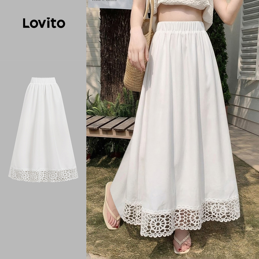 Lovito กระโปรงสีขาวผู้หญิง กระโปรงระบาย ปักฉลุผ้า ขอบระบาย เหมาะสําหรับฤดูใบไม้ผลิ/ฤดูร้อน LK4ED754