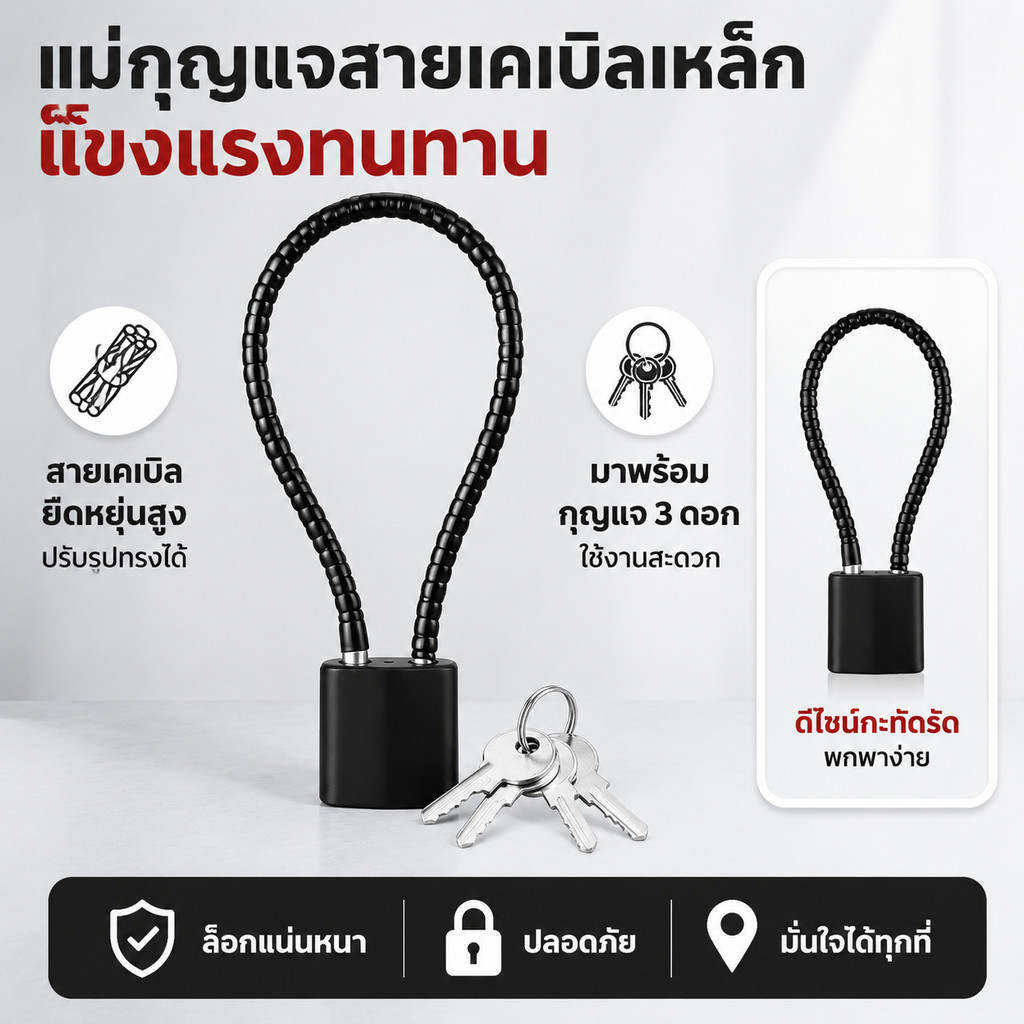 ขนาด20/38CM ล็อคสายเหล็ก กุญแจ, ล็อคสายอ่อนแบบยืดหยุ่น มาพร้อมกุญแจ 3 ดอก แข็งแรงทนทาน กันน้ำ กันสนิม