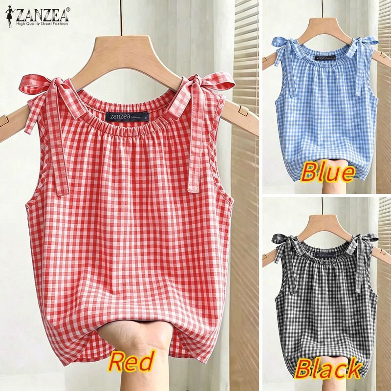 ZANZEA ผู้หญิงสาวเกาหลี O คอแขนกุดหลวมลายสก๊อต Bowknot Tank — صورة 3