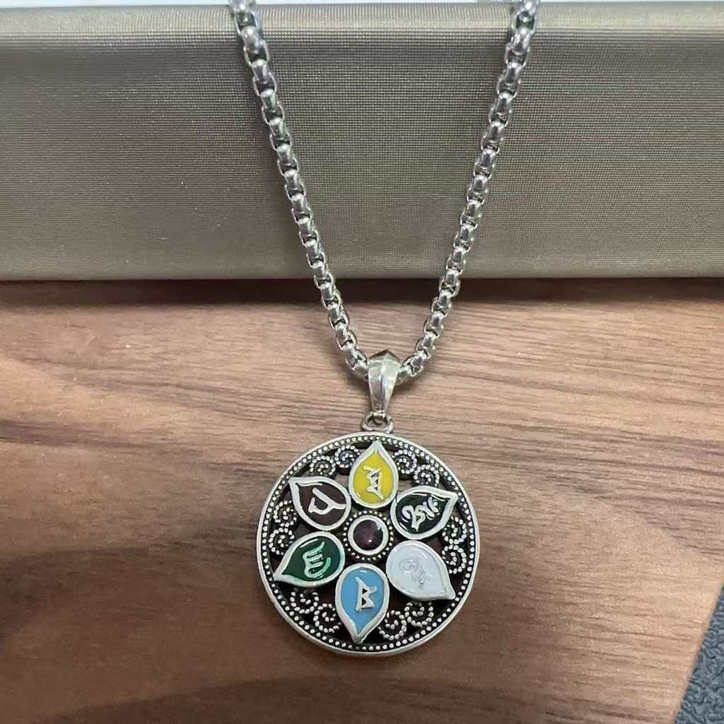 เคลือบหกตัวอักษร Mantra Lotus สร้อยคอผู้ชายผู้หญิงสไตล์แห่งชาติอินเทรนด์ Retro สไตล์แห่งชาติหรูหราปล