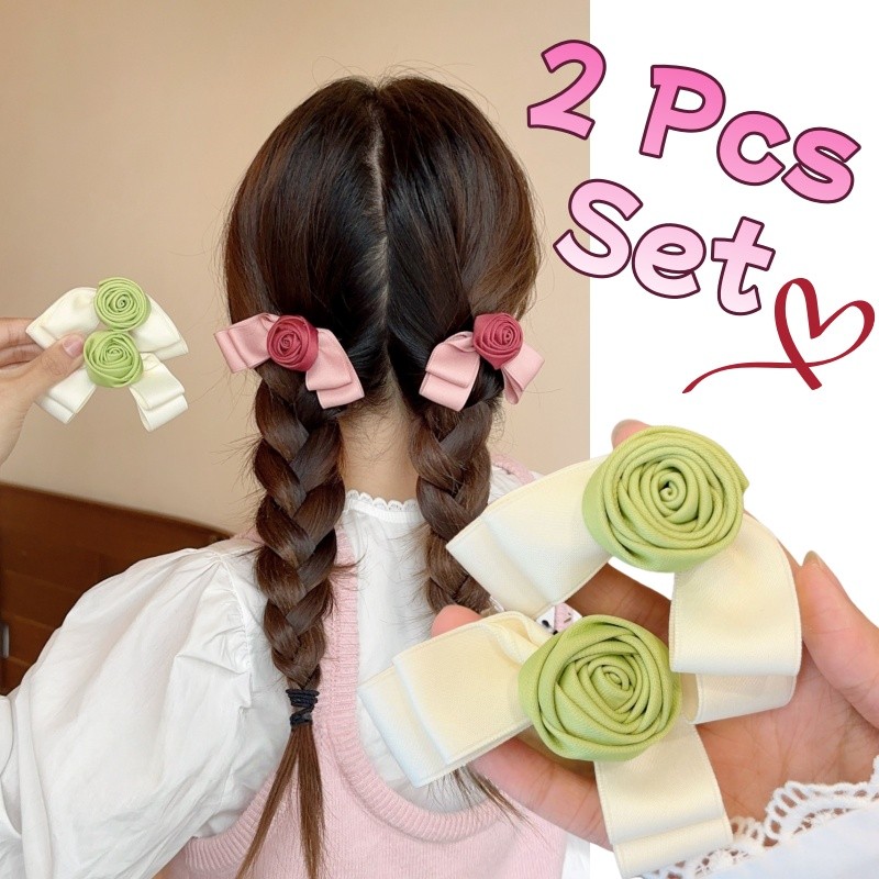 ชุด 2 ชิ้น กิ๊บติดผมโบว์กุหลาบ สีชมพูราสพ์เบอร์รี่ พร้อมยางรัดผมสครันชี่ สไตล์น่ารัก สำหรับผู้หญิง