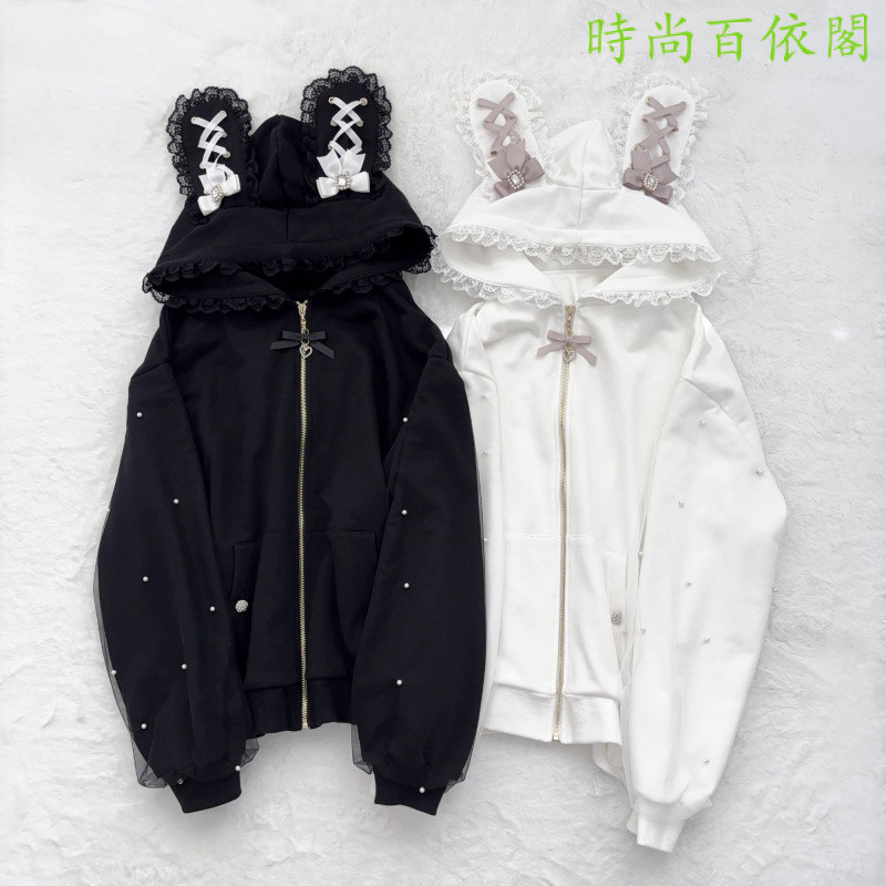 วัฒนธรรมเอเชียญี่ปุ่นสองมิติLaced-Upกระต่ายหูHooded Bow Pearlตกแต่งน่ารักAll-Matchเสื้อแขนยาวUniversity Hooded Tเสื้อสเวตเตอร์ถักผู้หญิง