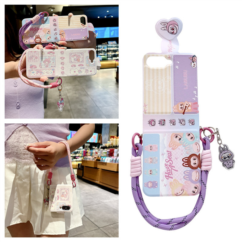 2 ใหม่ Flip PU หนังเคสโทรศัพท์ Samsung Galaxy Z Flip 5 Z Flip 6 Flip 7 การ์ตูนพิมพ์กรณีเชือกไนลอนสร้
