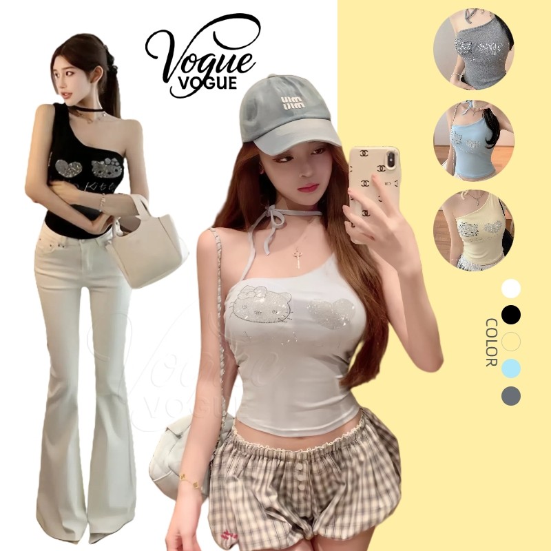 Vogue🌟พร้อมส่ง🌟 เสื้อกล้าม ลายแมวสีพาสเทล เสริมฟองน้ำ สไตล์เกาหลี (FY10148)