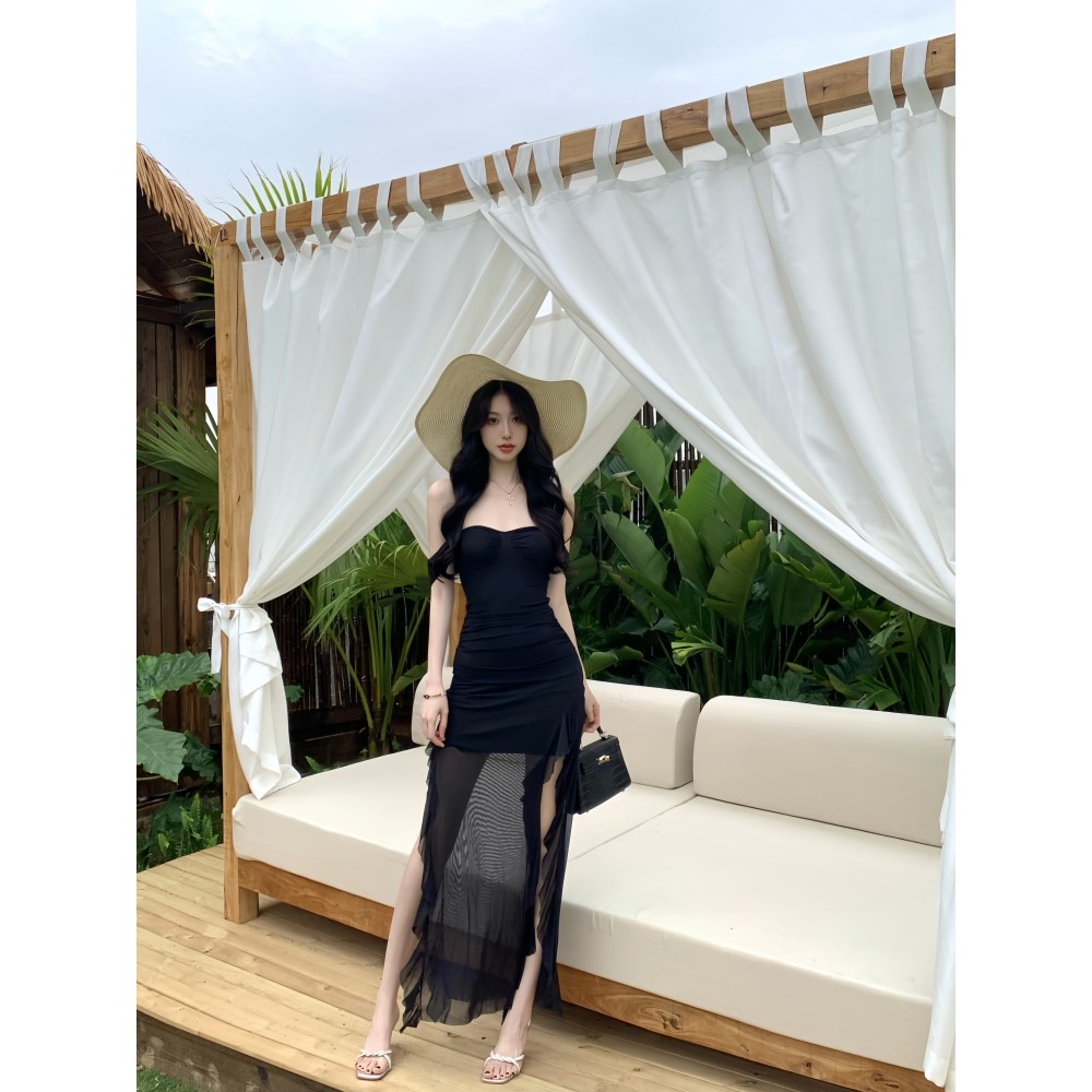 Vogue🌟พร้อมส่ง🌟 ชุดเดรสเปิดไหล่ กระโปรงยาว สีดำเรียบหรูดูแพงมากแม่ (FY2941) - รูปที่ 6