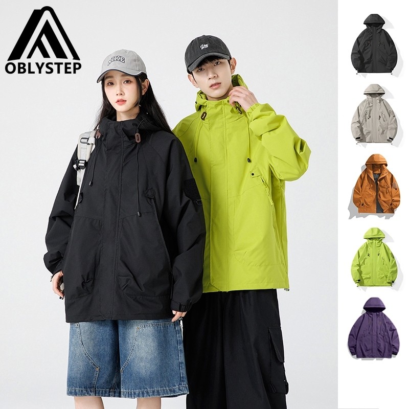 OBLYSTEP แบรนด์ S-3XL เสื้อแจ็คเก็ตกันน้ำและกันลมสำหรับทั้งชายและหญิง สีดำ เขียว ม่วง ไซส์