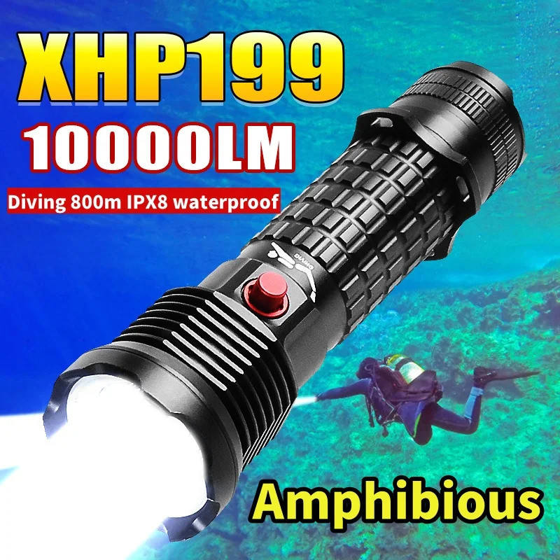 Professional Diving Torch XHP199 Flash Light 10000LM Scuba Flashlight 26650 Lamp Underwater Torch Li