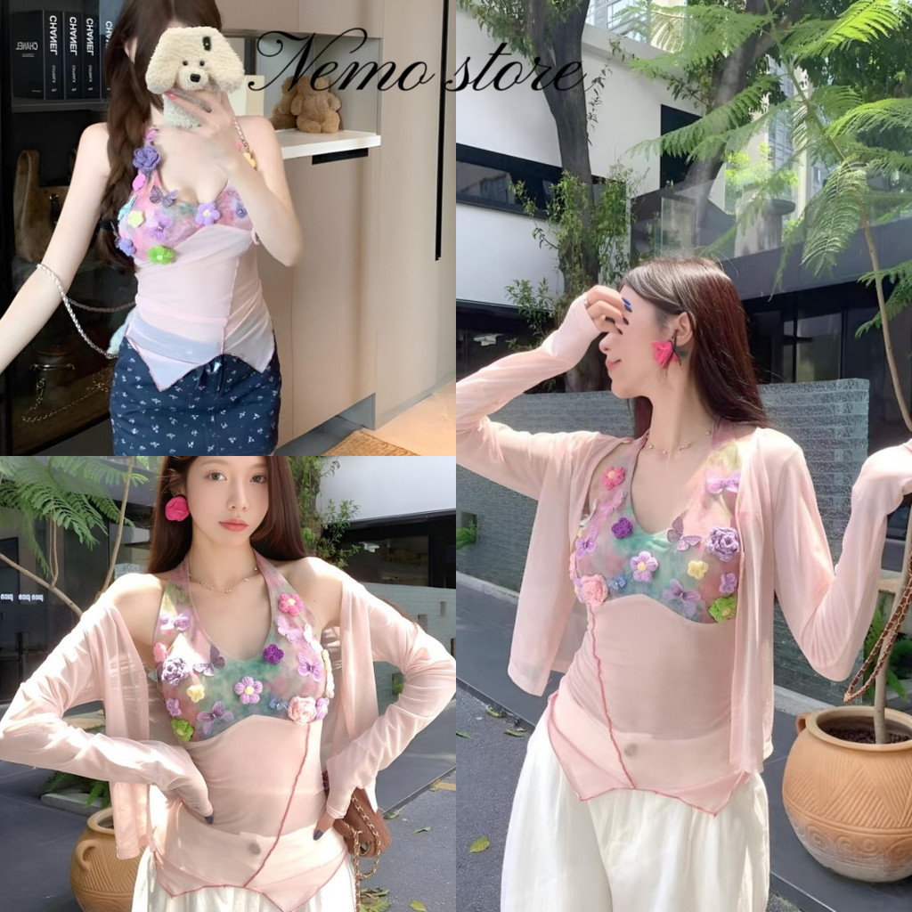 Nemo store🌸#FY947/FY951 กล้าม/เสื้อคลุมแขนยาว ดีเทลสีชมพูซีทรูบางเบา ลายดอกไม้