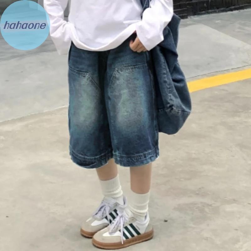 Hahaone Y2K Vintage Baggy Jean กางเกงขาสั้นสตรีล้างขากว้าง Capri กางเกง Casual Barrel กางเกงยีนส์กาง