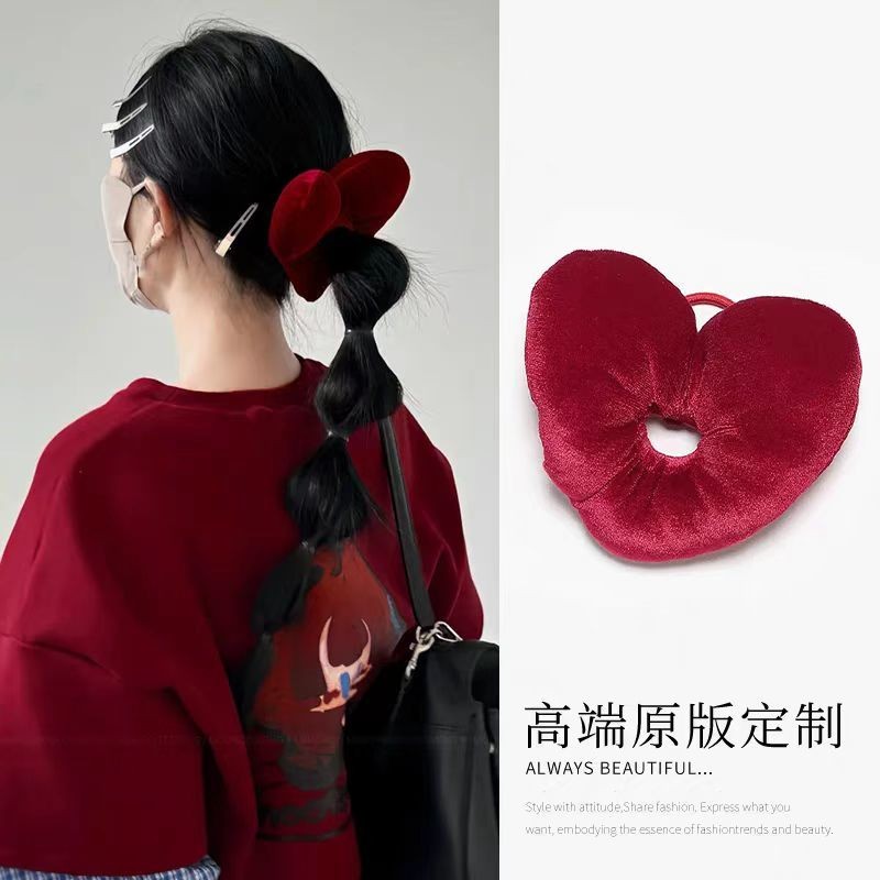 กำมะหยี่หัวใจสีแดง แฟชั่นเกาหลี คลิปหนีบผมด้านหลัง พร้อมยางรัดผม เครื่องประดับผมสำหรับผู้หญิง ฤดูใบไม้ร่วง