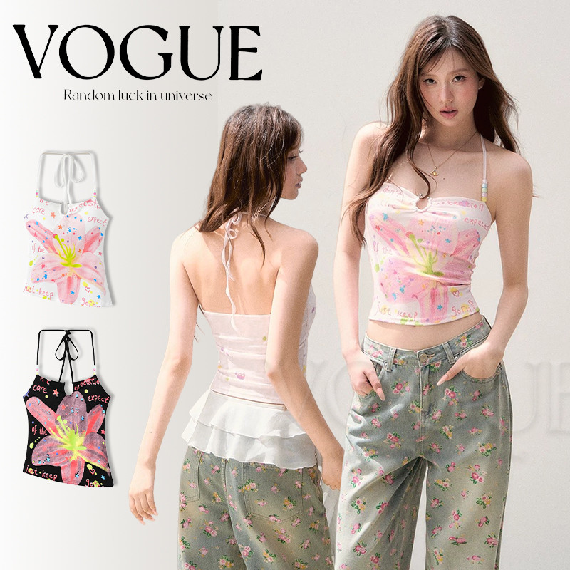 Vogue🌟พร้อมส่ง🌟 เสื้อคล้อคอ ลายดอกไม้สีพาลเทล ใส่สบายมเสริมฟองน้ำ (FY949)