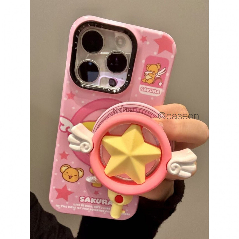 สาวสีชมพู Star Wand Magic Wand ขาตั้งแม่เหล็กการ์ตูนแฟชั่นน่ารักเคสโทรศัพท์สําหรับ IPhone 15 14 13 16 Pro Max 14pro 16pro 15pro 16promax ฝาครอบป้องกัน Hard Glitter ง่าย