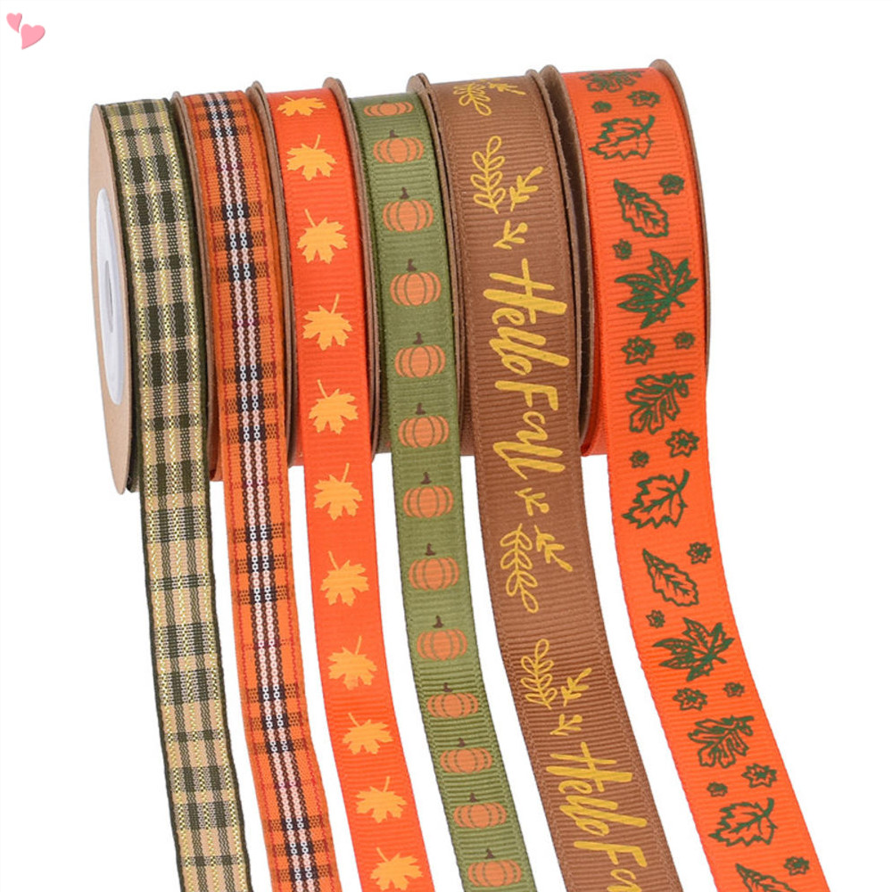 Fall Ribbons- Grosgrain ซาตินวันขอบคุณพระเจ้าสีส้มฟักทอง Pinecone Maple Harvest ห่อของขวัญริบบิ้นสําหรับห่อของขวัญ Bow พวงหรีด Party ตกแต่งบ้าน