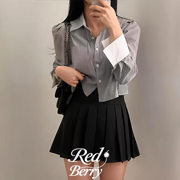 Red Berryเสื้อเชิ้ตลายทางคอโปโลสไตล์เกาหลีเก๋ไก๋ ดีไซน์เก๋ไก๋ ตัดเย็บด้วยผ้ายืดช่วงสั้นW322