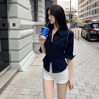 เสื้อโปโลสำหรับผู้หญิง สไตล์เกาหลี ทำจากผ้าฝ้ายและผ้าลินิน สีทึบ ดีไซน์ครึ่งแขนพร้อมเข็มขัด