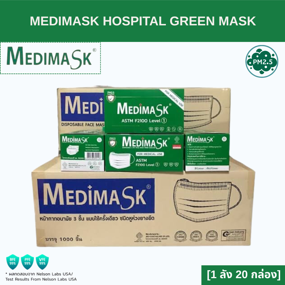 Medimask SK หน้ากากอนามัย 3ชั้น 50ชิ้น ต่อกล่อง [1 ลัง 20 กล่อง] เกรดการแพทย์ ใช้ในโรงพยาบาล mask (g