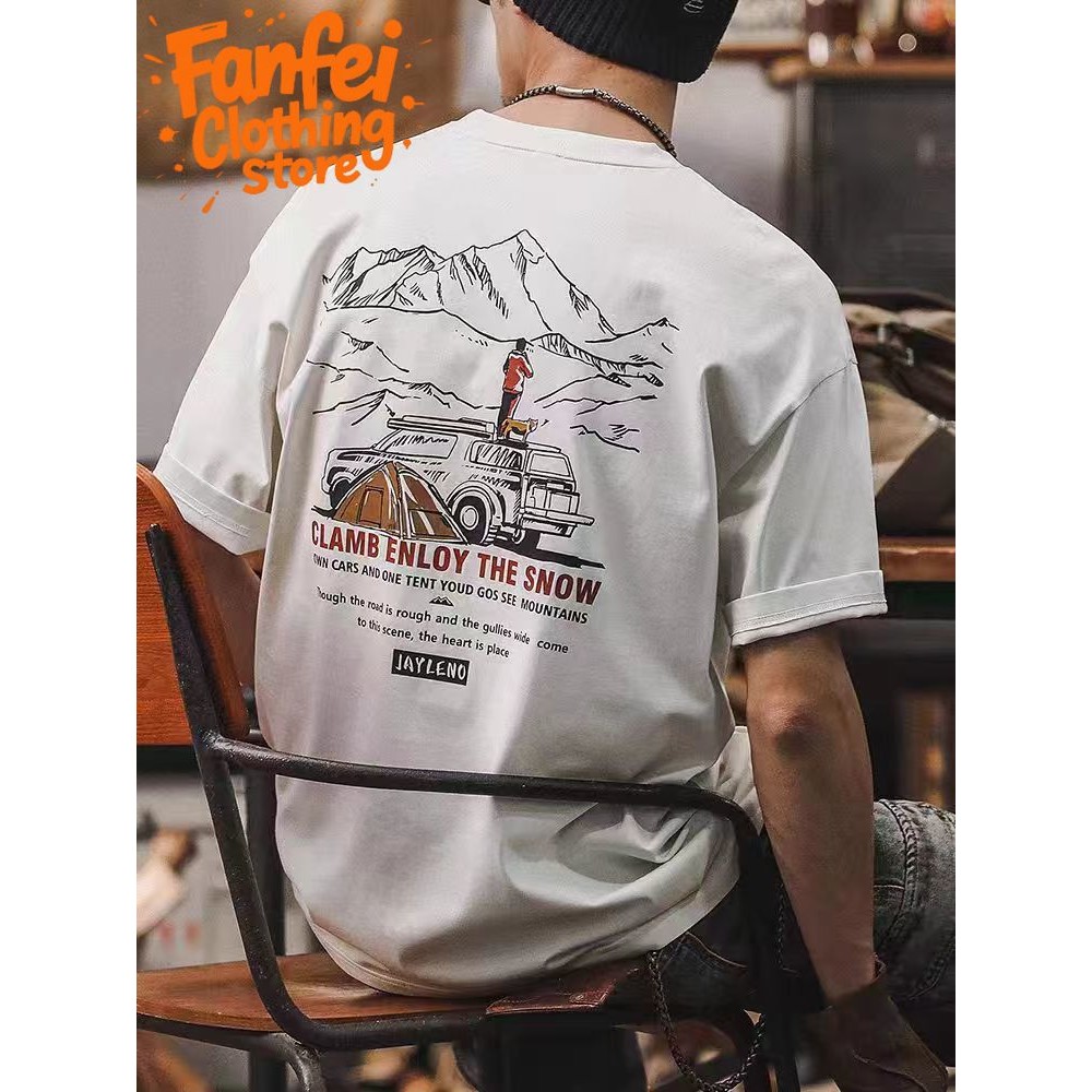 (จัดส่งตลอด 24 ชั่วโมง)Fanfei เสื้อยืดคอกลมแขนสั้นลายภูเขาหิมะและแคมป์ปิ้งด้านหลังพร้อมตัวอักษรภาษาอังกฤษ สไตล์เอาท์ดอร์