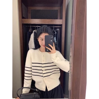 Dahong N109 เสื้อคาร์ดิแกนกันหนาว แขนยาว ผ้าถัก ลายทาง สไตล์วินเทจ สําหรับผู้หญิง คาดิแกนไหมพรมแขนยาว