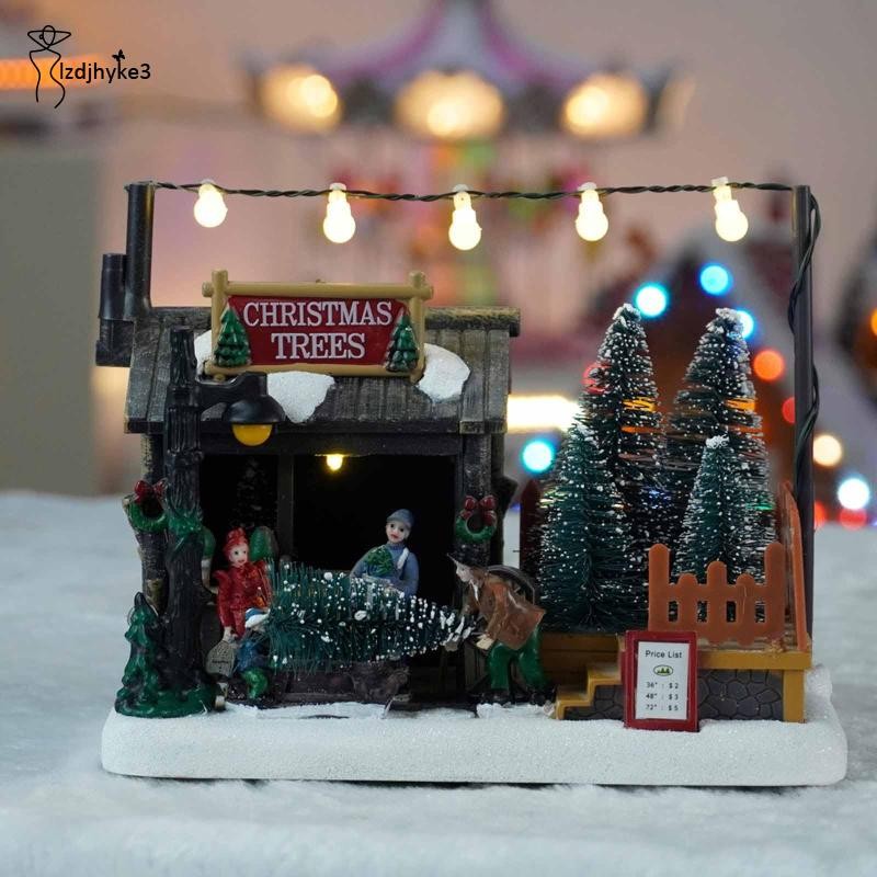 [lzdjhyke3] Lighted up Christmas Village House Village Building Snow House Model Desk with Lights fo
