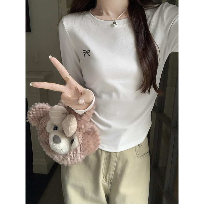 Bella Shop เสื้อยืดผู้หญิงแขนยาวสีพื้น ดีไซน์ปักโบว์ ดีไซน์เอวจีบ สไตล์เกาหลี เสื้อสั้นเข้ารูป - รูปที่ 5