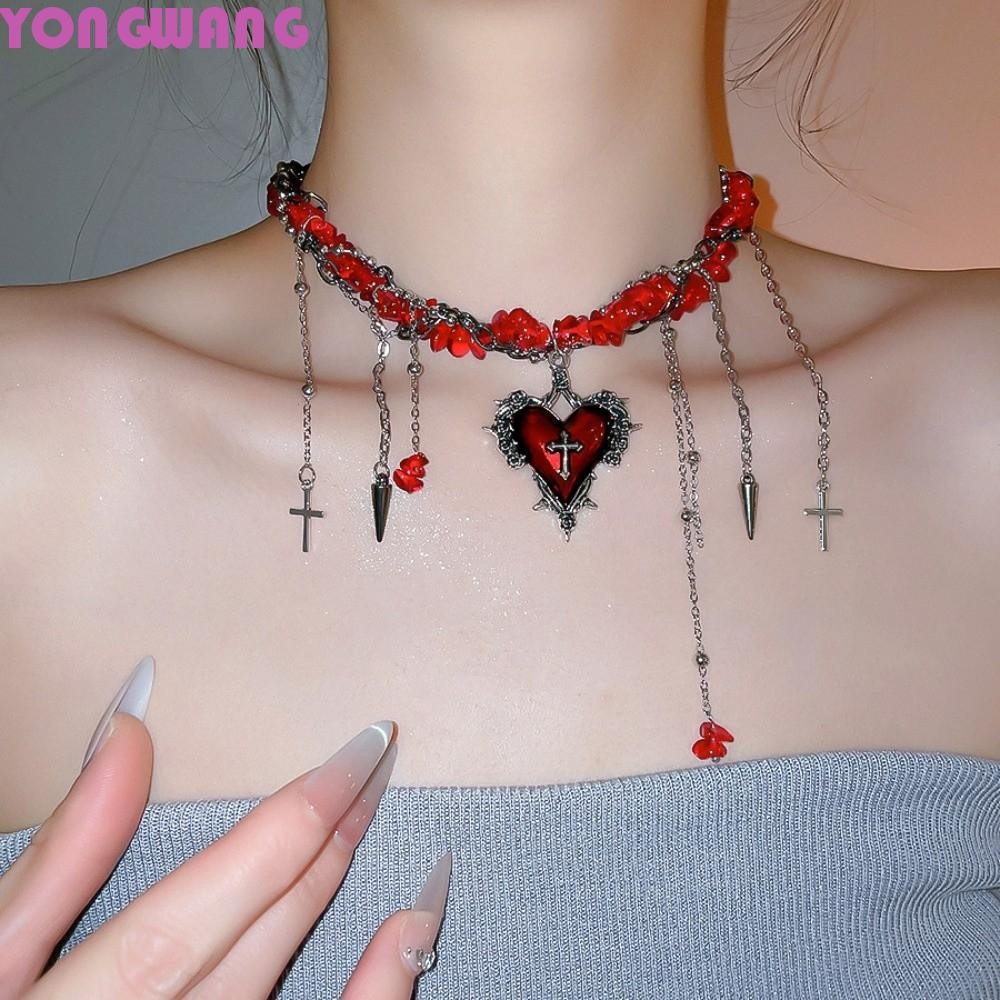 YONGWANG66HR ฮาโลวีน Cross สร้อยคอ,เกาหลี Y2K สไตล์กรวดลูกปัด Love Double Layer Choker, Cool เครื่อง