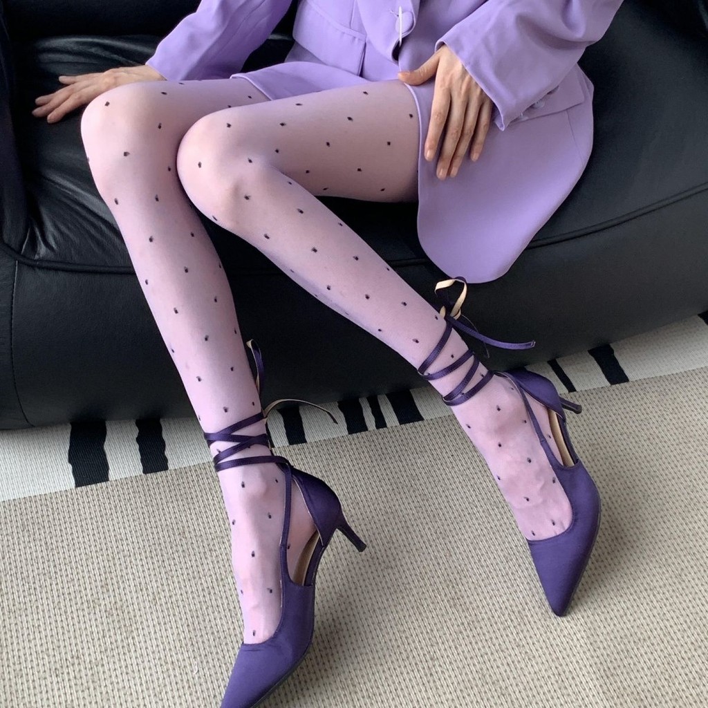 ถุงน่องโปร่งใสสูงสไตล์ย้อนยุคฝรั่งเศส สีม่วงหวาน Dopamine สำหรับผู้หญิง sexy