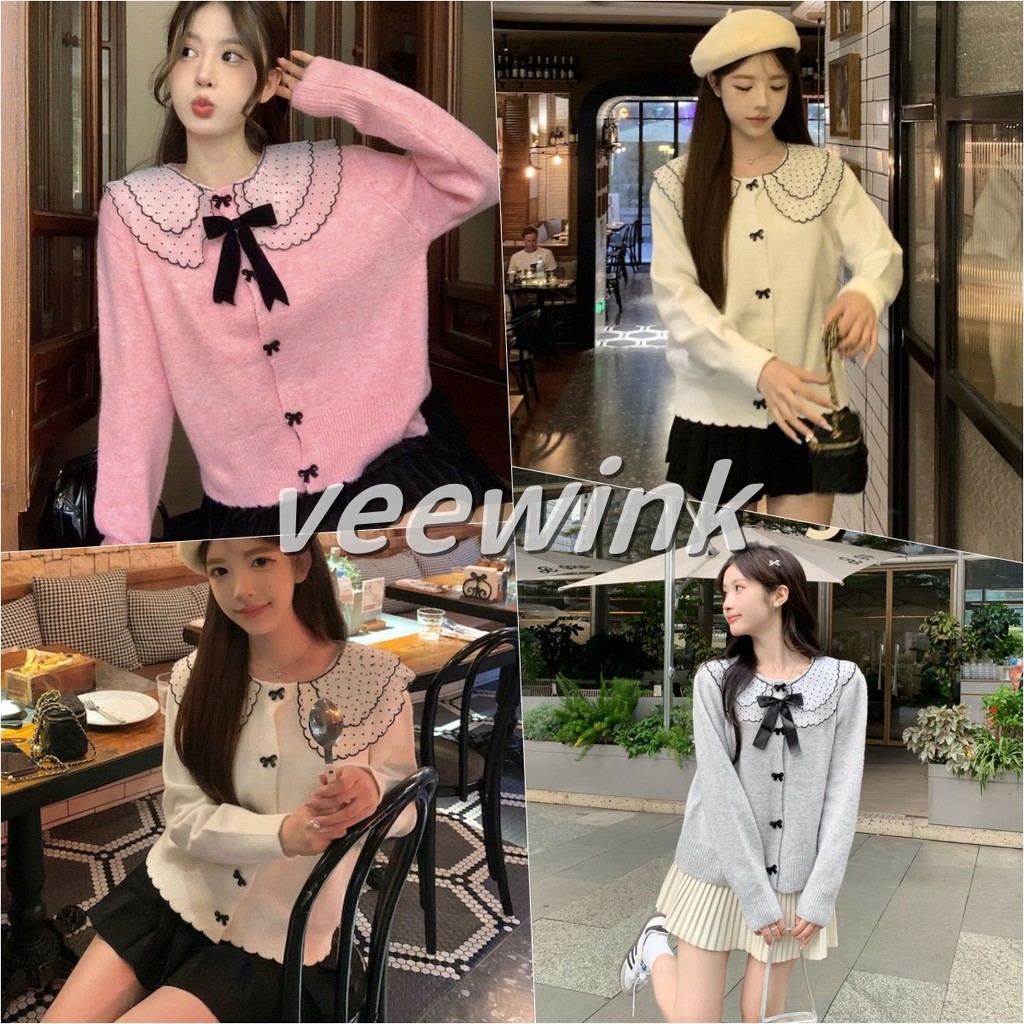Veewink พร้อมส่งจากกทม เสื้อการ์ดิแกนสไตล์เกาหลี ลายโบว์ ทรงสั้นพอดีตัว ใส่เที่ยว เนื้อผ้านุ่ม ใส่สบาย