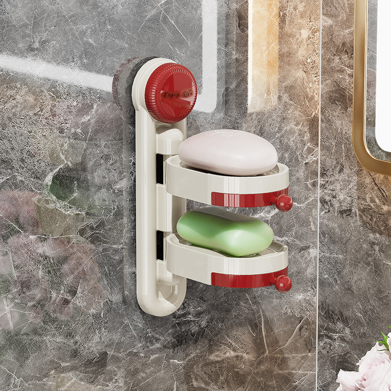 ที่วางสบู่ ที่ใส่สบู่ติดผนัง 2 ชั้น (ไม่ต้องเจาะผนัง) ชั้นกล่องสบู่หมุน มีช่องระบายน้ำ หมุนได้180องศา - รูปที่ 4