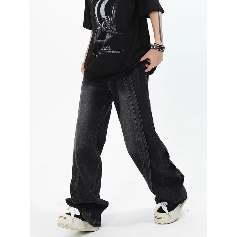 2025 NEW American Retro Heavyweight High-End Patchwork Jeans Unisex Loose High Street Wide-Leg Drape