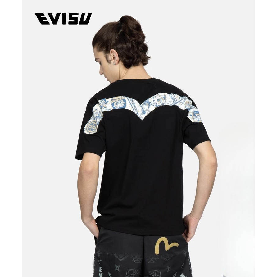 ESV สไตล์ใหม่ผู้ชาย Lucky Cat Big M พิมพ์แนวโน้มแฟชั่นผ้าฝ้ายแท้ลําลองหลวมรอบคอแขนสั้นเสื้อยืดผู้ชาย
