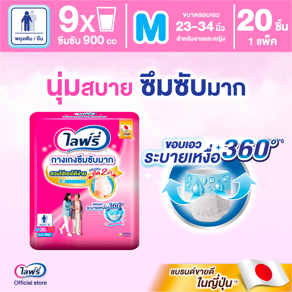 Lifree ไลฟ์รี่ ผ้าอ้อมผู้ใหญ่ กางเกงซึมซับมาก ไซส์ M 20 ชิ้น